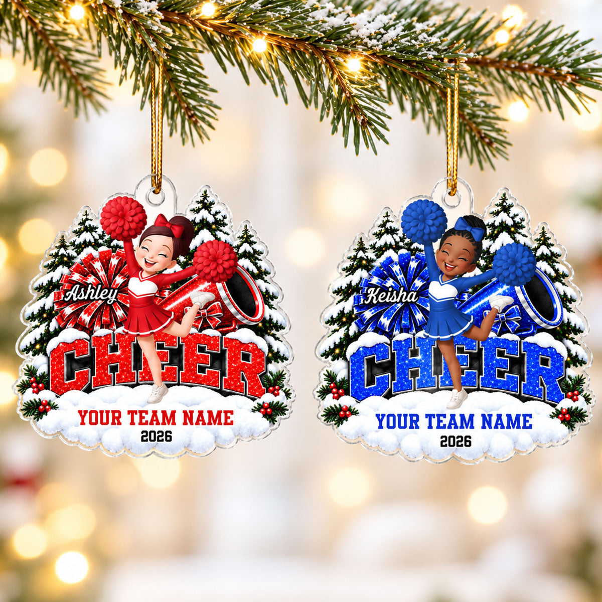 Christmas Cheerleader With Pom Poms - Personalized Acrylic Ornament - Christmas Gift For Cheerleaders, Cheer Teams, Girls