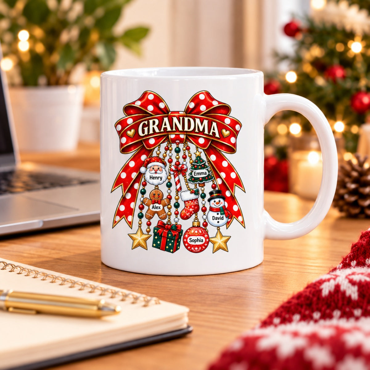 Grandma Retro Christmas Charm Bow - Personalized Mug - Trendy Christmas for Grandma