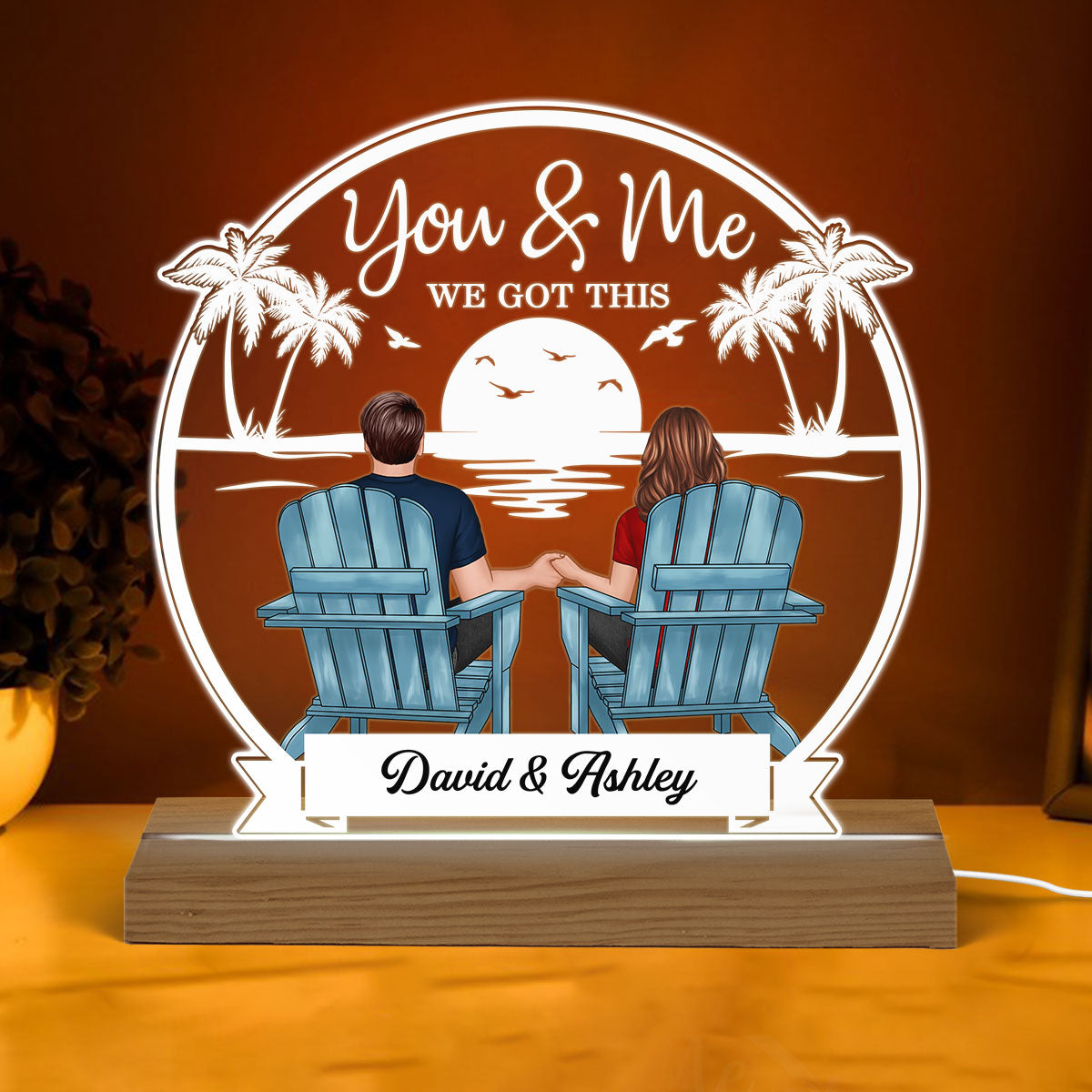 Beach Landscape Back View Couple Sitting Personalized Custom Shape Acrylic Plaque Warm LED Night Light