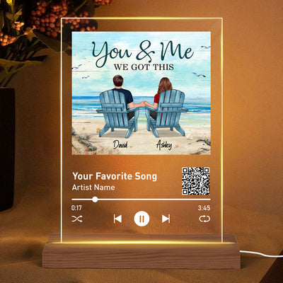 Back View Couple Sitting Beach Landscape Favorite Song Scannable QR Code Gift For Him For Her Personalized Rectangle Acrylic Plaque LED Night Light