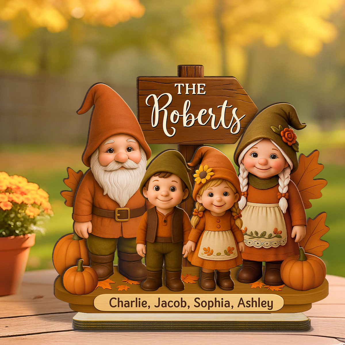 Gnome Family Fall Season Personalized 2-Layer Standing Wooden Plaque