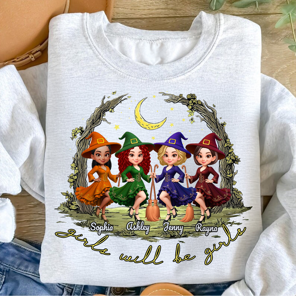 Halloween Witch Besties Sisters Friends Under Moon Personalized Sweatshirt, Halloween Matching Shirt