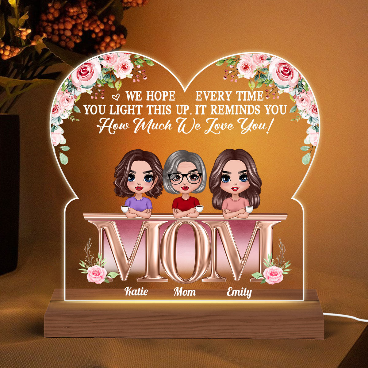 Mother Daughter On Flower Text Personalized Acrylic Custom Shape LED Night Light