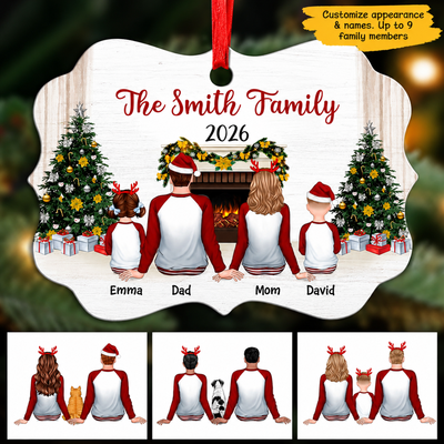 Pajamas Family Sitting In Fireplace Christmas Tree Personalized Christmas Ornament