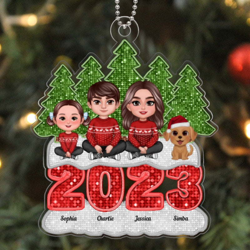 Faux Sequins Family Sitting On 2023 Christmas Tree Line Personalized Acrylic Ornament