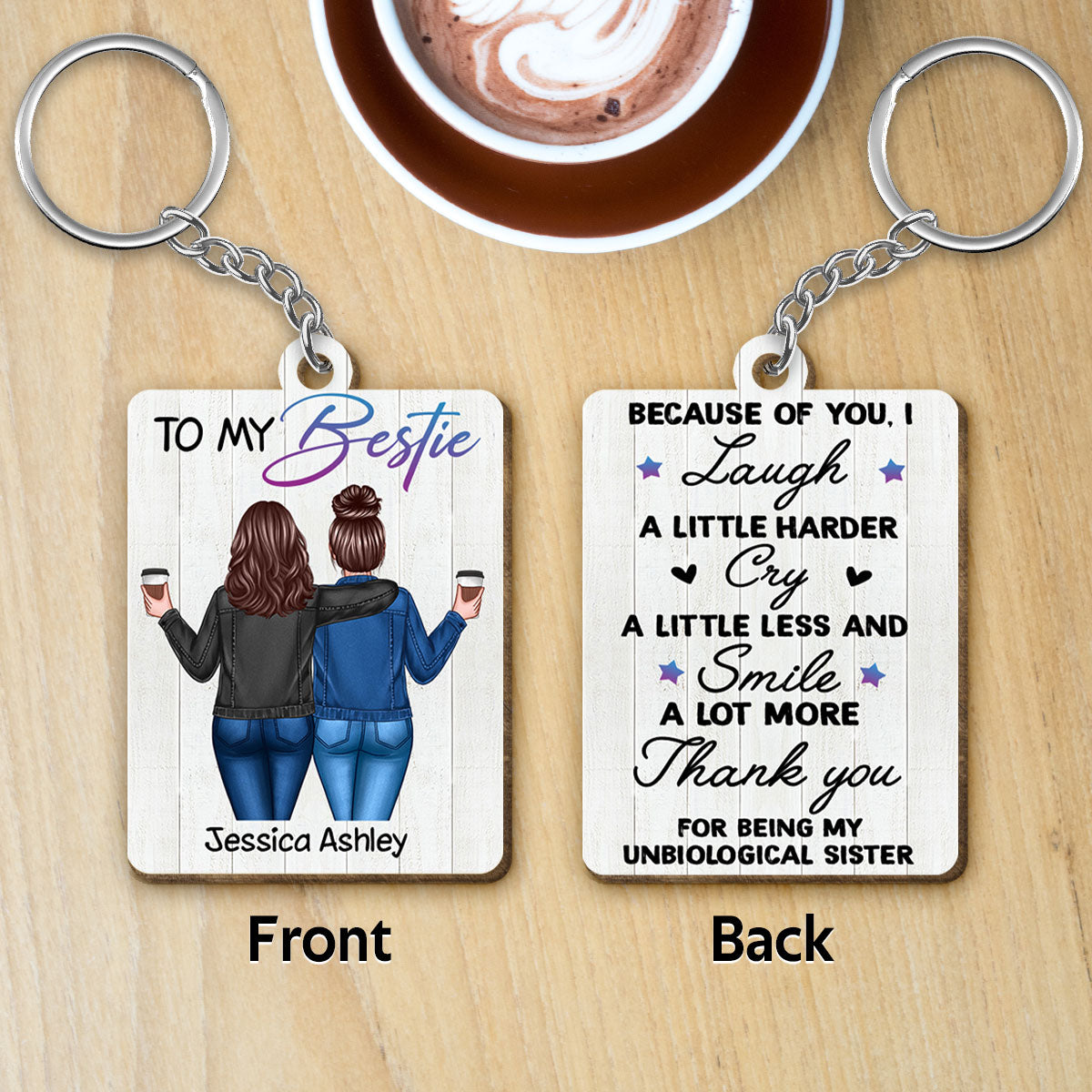 Back View Besties To My Bestie Personalized Wooden Keychain