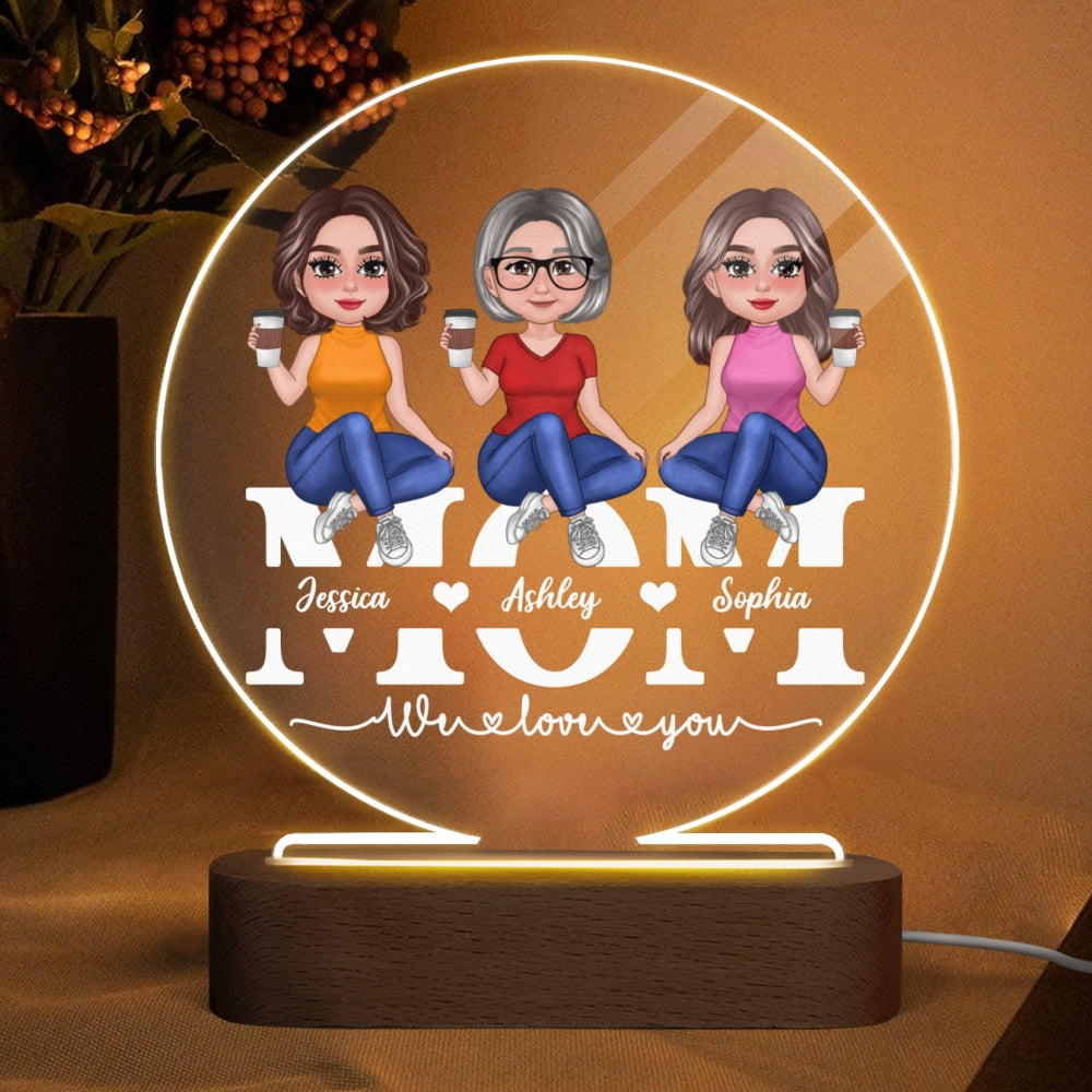 Pretty Doll Mother Daughters Sitting On Text Personalized Acrylic Circle LED Night Light