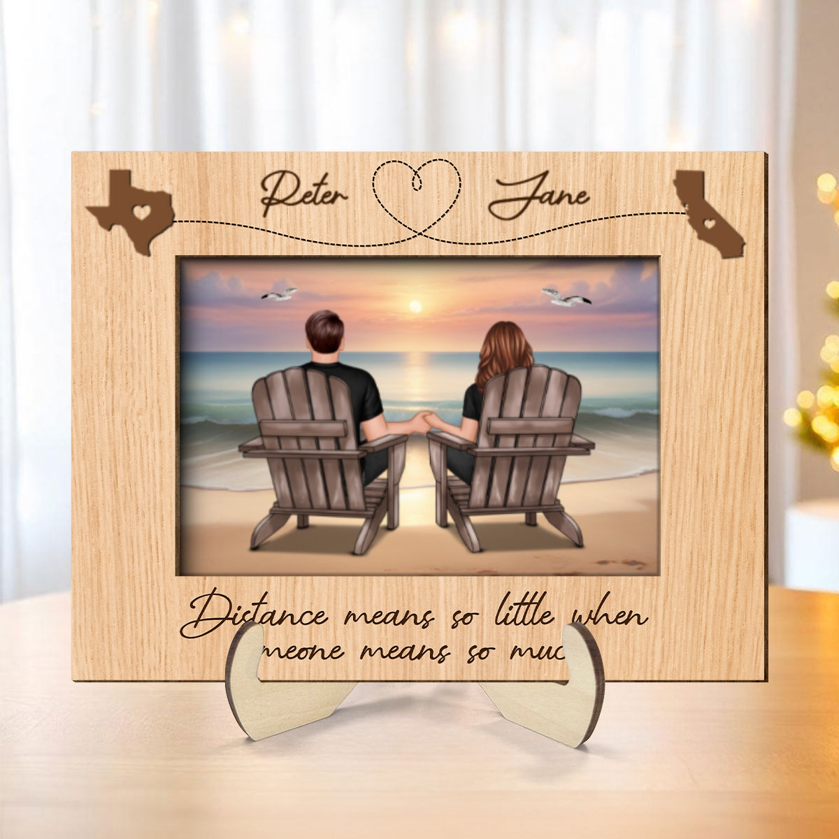 Long Distance Couple Sitting Back View At Beach Personalized 2-Layer Wooden Plaque