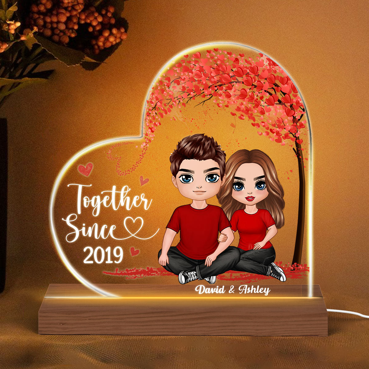 Embracing Doll Couple Under Tree Personalized Custom Shape LED Night Light