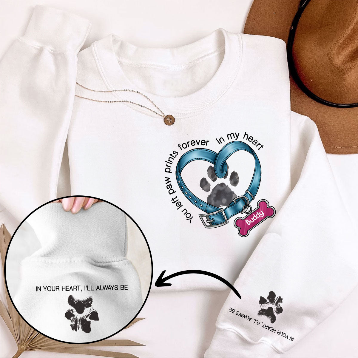 In Your Heart I‘ll Always Be Dog Collar Heart Light Color Personalized Sleeve Printed Sweatshirt
