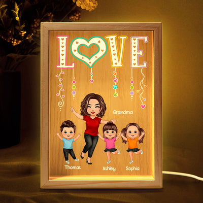LOVE Happy Doll Grandma Mom With Kids Personalized Wooden Frame Light Box