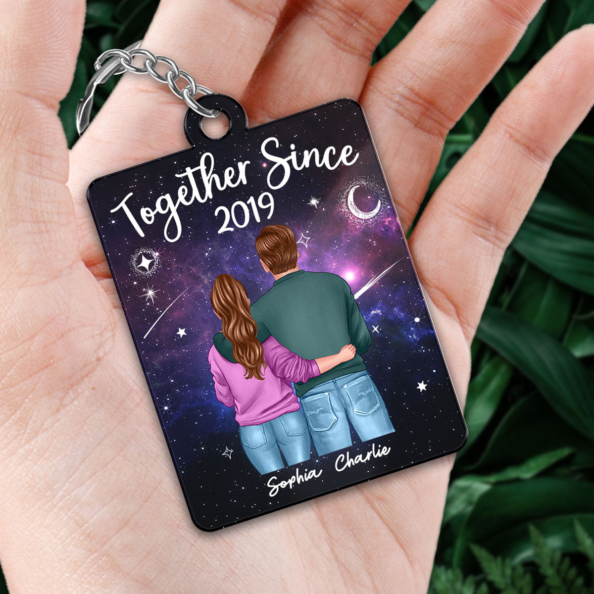 Back View Couple Standing Hugging In Galaxy Night Favorite Song Scannable QR Code Personalized Acrylic Keychain