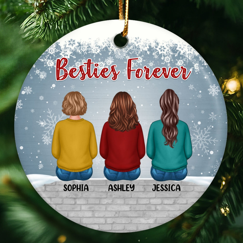 Best Friends Sisters Sitting On Snow Wall Personalized Circle Ornament