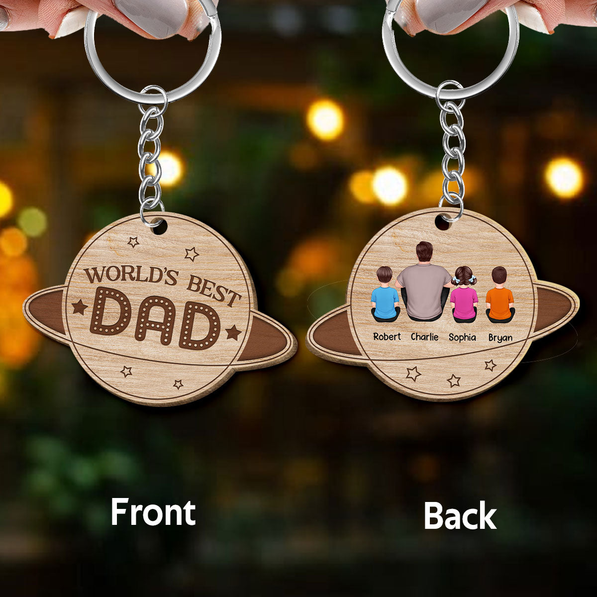 World‘s Best Dad Back View Planet Personalized Wooden Keychain