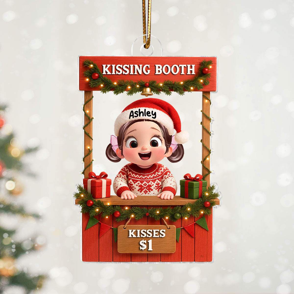 Cute Kid in Kissing Booth - Personalized Acrylic Ornament - Unique Christmas Gift for Kids, Grandkids