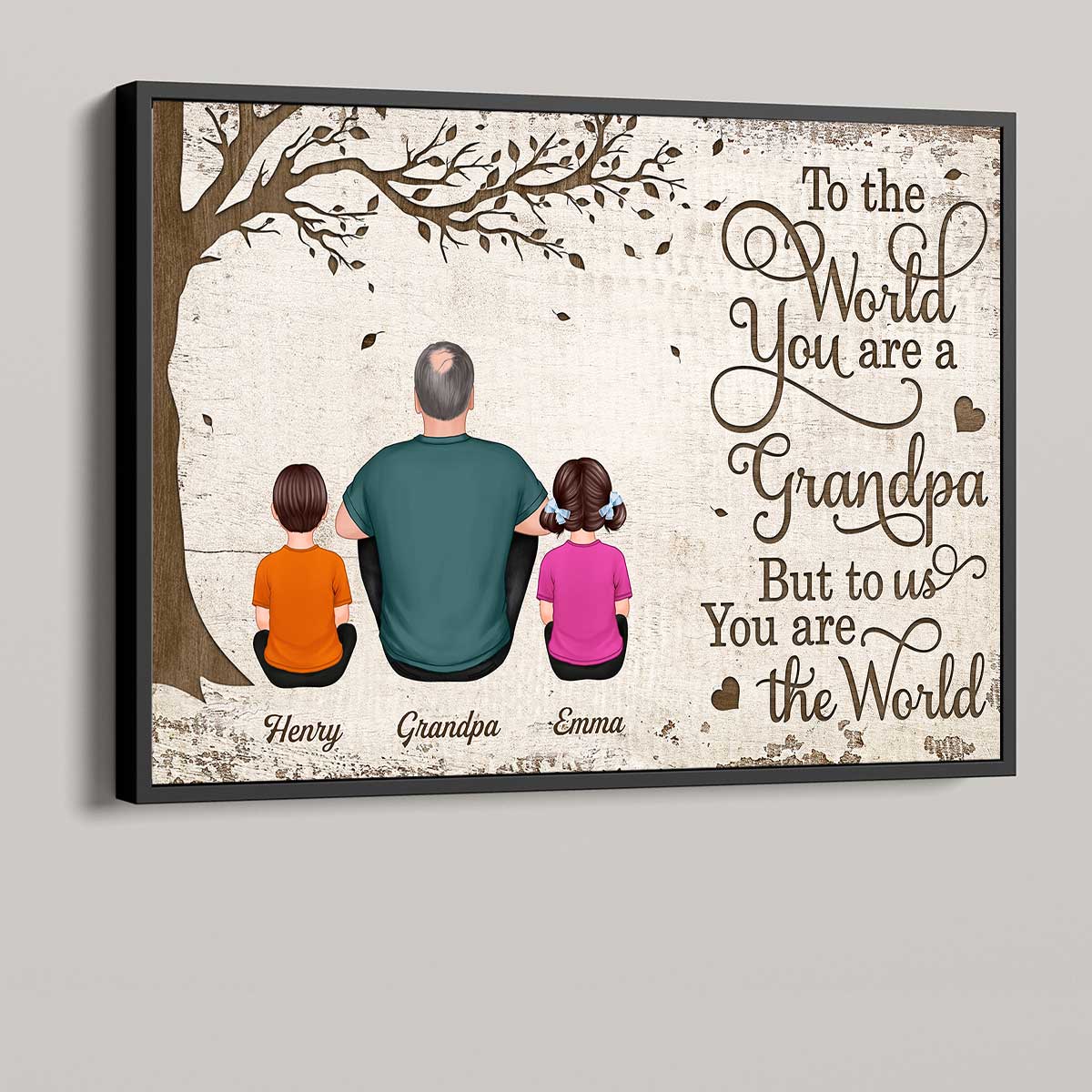 Back View Dad And Kids Dogs Cats Sitting Personalized Horizontal Poster