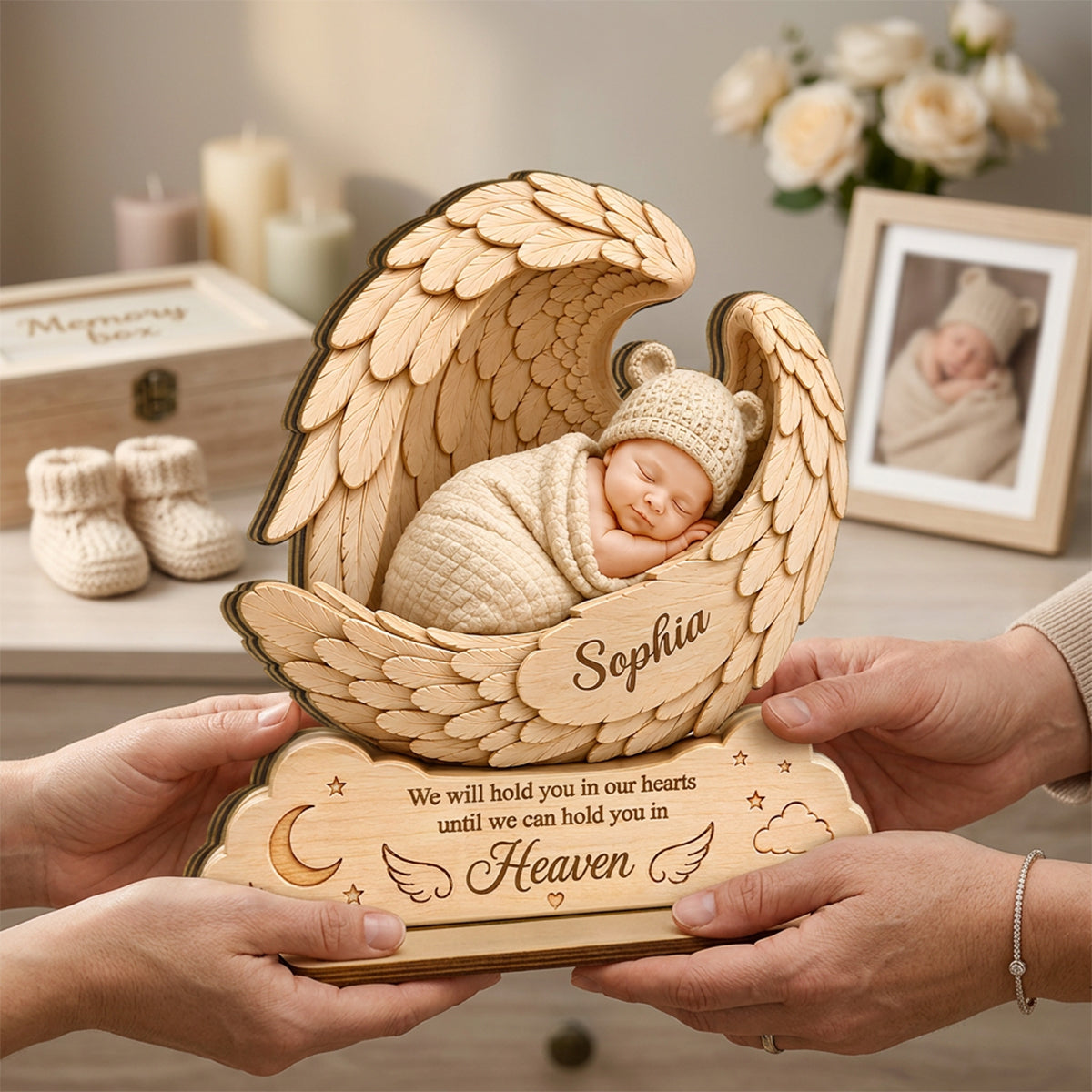 We Will Hold you in Our Hearts - Personalized 2-Layered Wooden Plaque - Custom Infant Loss Gift, Miscarriage Baby Awareness Keepsake