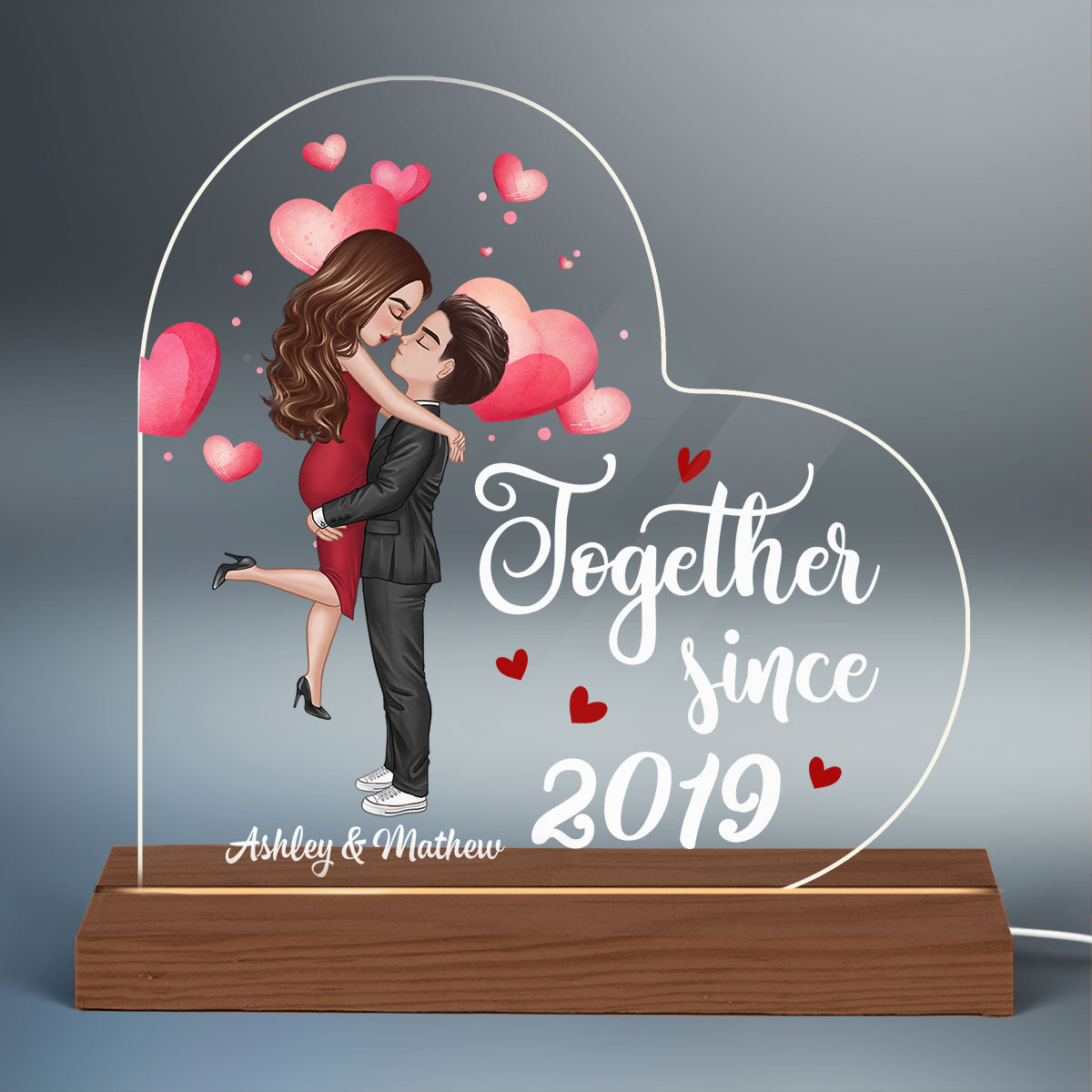 Watercolor Hearts Doll Couple Hugging Kissing Gift For Him For Her Personalized Custom Shape LED Night Light