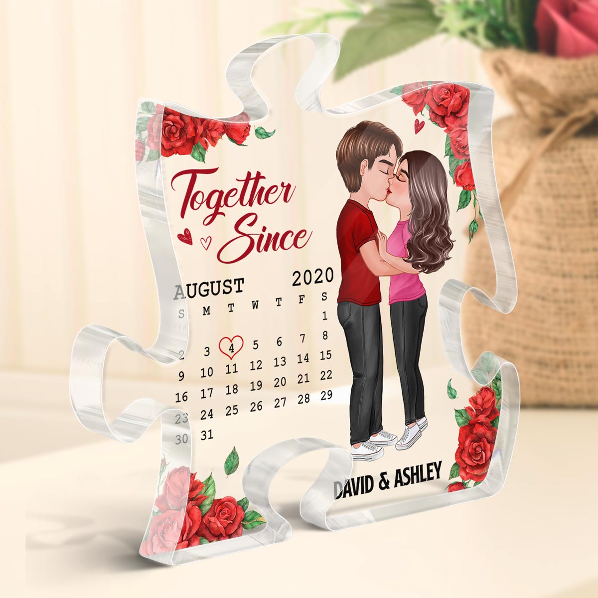 Rose Pattern You Are My Missing Piece Doll Couple Kissing Gift Calendar Anniversary Date Gift For Him For Her Personalized Puzzle Acrylic Plaque