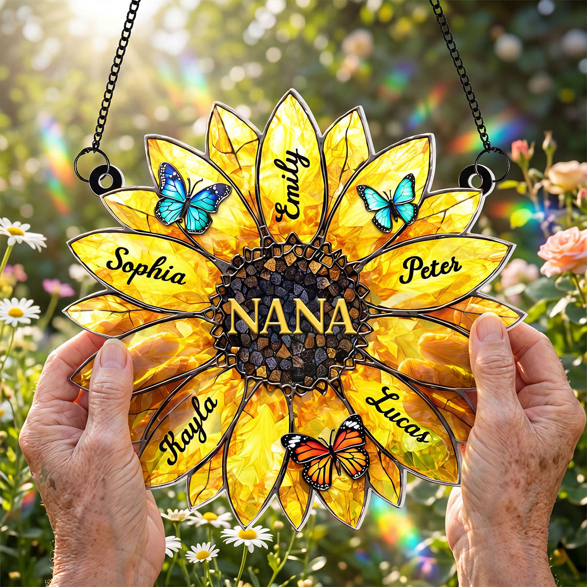 Sunflower Grandma Mom Custom Kids Names - Personalized Acrylic Window Hanging - Mother's Day Gift for Grandma, Mom, Wife