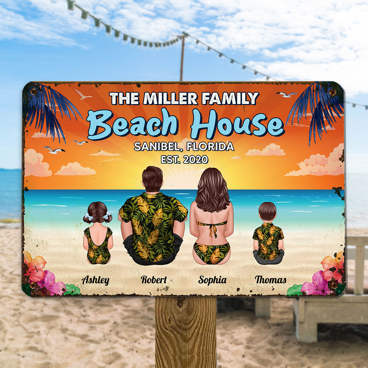 Summer Beach House Back View Family Couple Kid Dog Cat Personalized Metal Sign