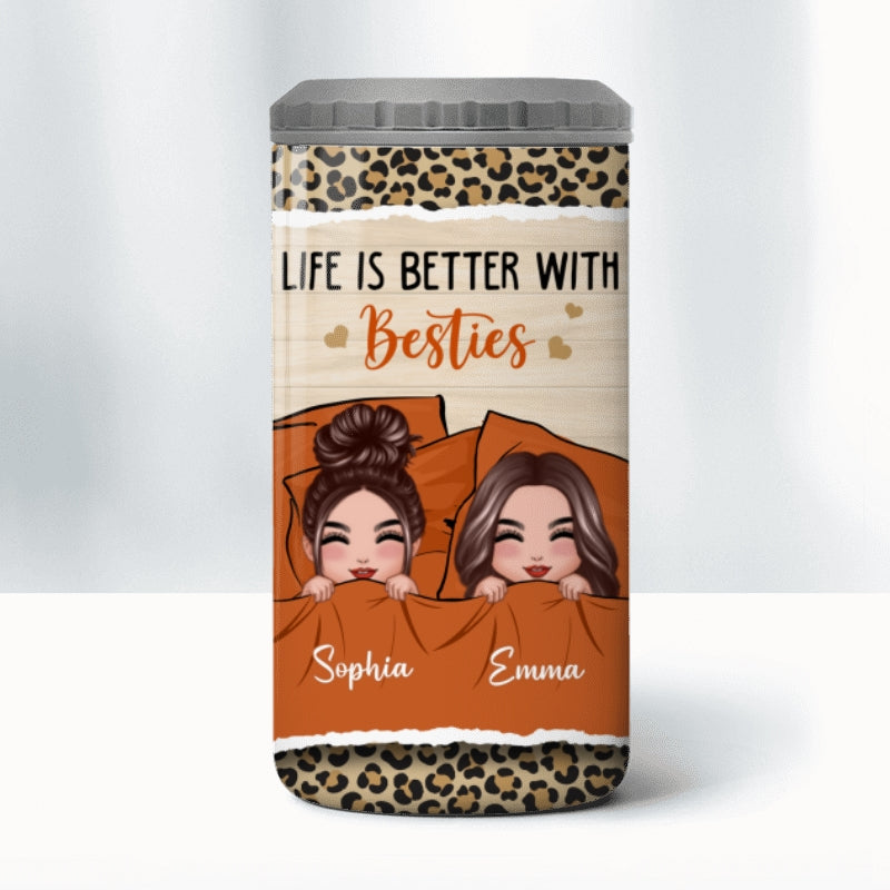 Best Friends Sisters On Bed Personalized 4 In 1 Can Cooler