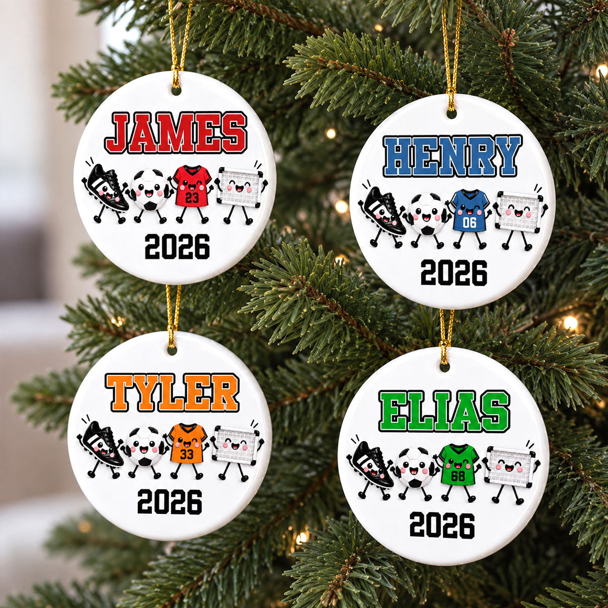 Soccer Things 2D Flat - Personalized Ceramic Ornament – Custom Name Soccer Christmas Keepsake Gift for Player, Son, Daughter, Teen & Soccer Fan