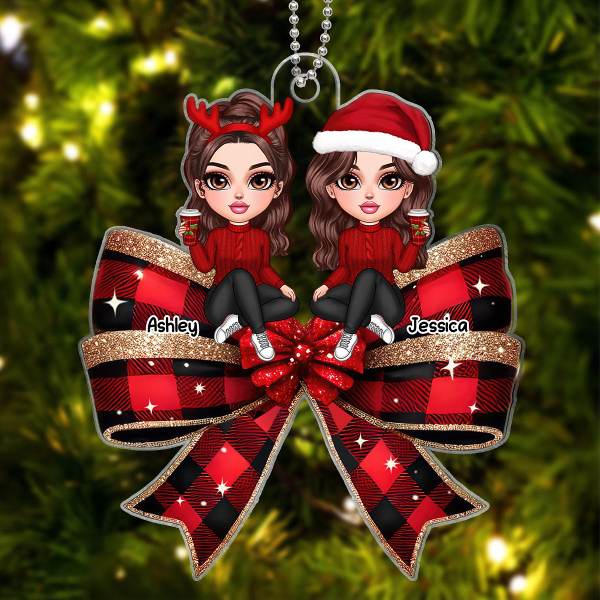 Christmas Checkered Coquette Bow Y2K Besties Personalized Acrylic Ornament, Christmas Gift For Best Friends