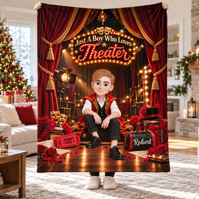 Just a Boy Who Loves Theater - Personalized Fleece Blanket - Christmas Gift for Son, Grandson