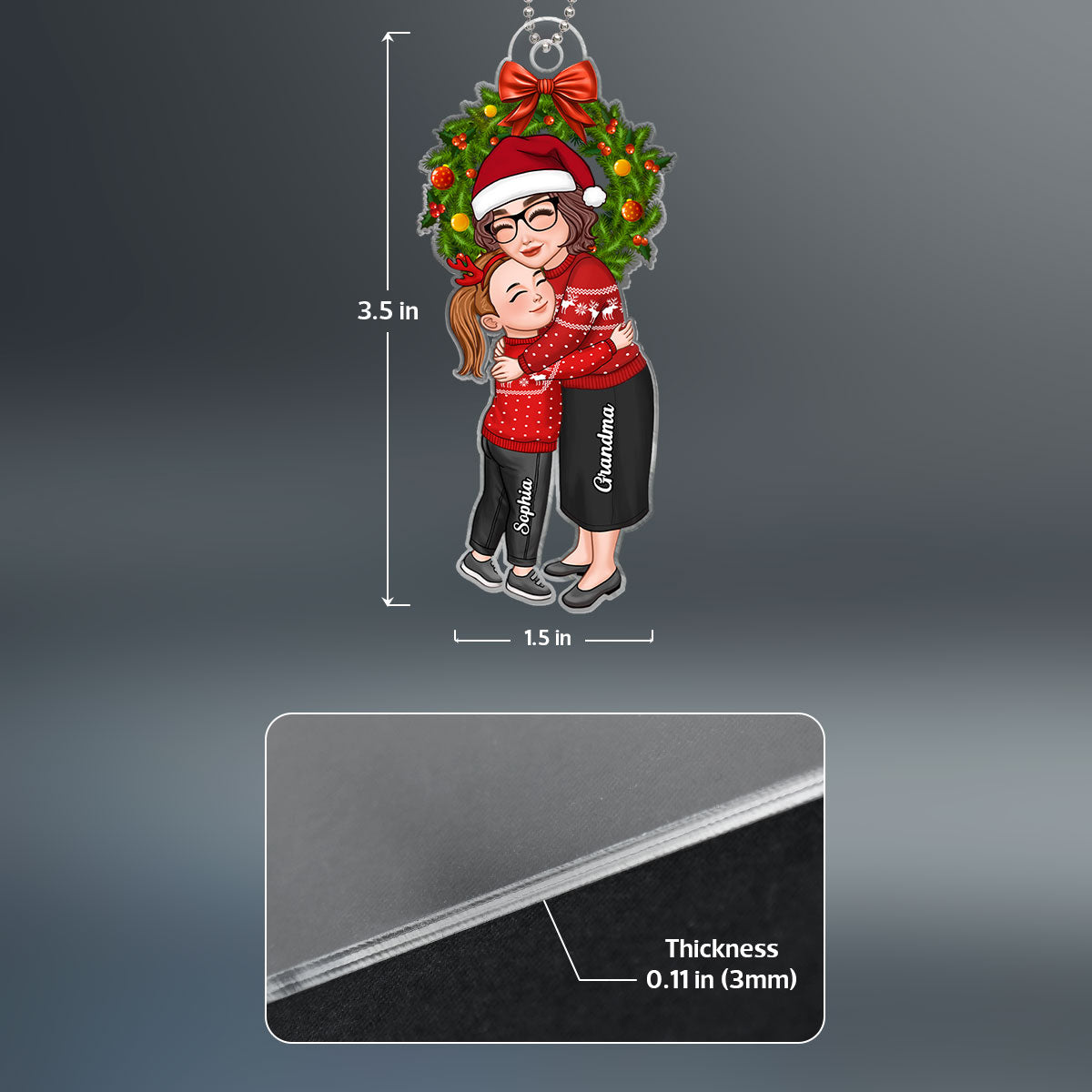 Grandma & Grandkid Hugging Under Christmas Wreath Gift For Granddaughter Grandson Personalized Acrylic Ornament