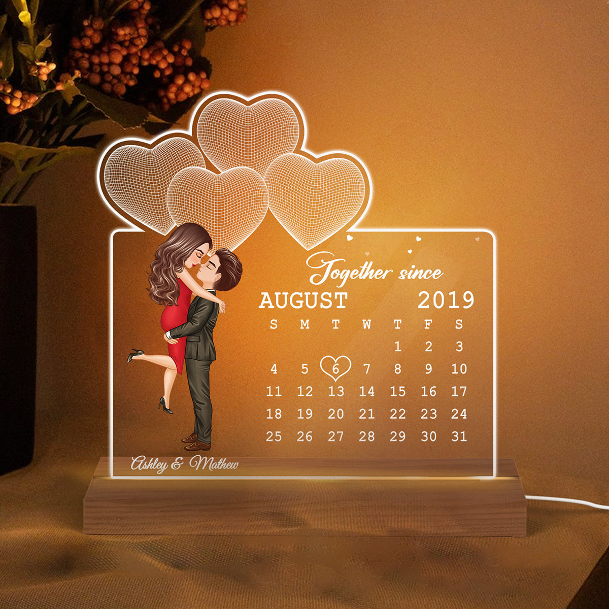 Kissing Couple Under 3D Heart Anniversary Date Calendar Personalized Custom Shape Acrylic Plaque With LED Night Light - Anniversary Gift For Couple - Gift For Him Gift For Her