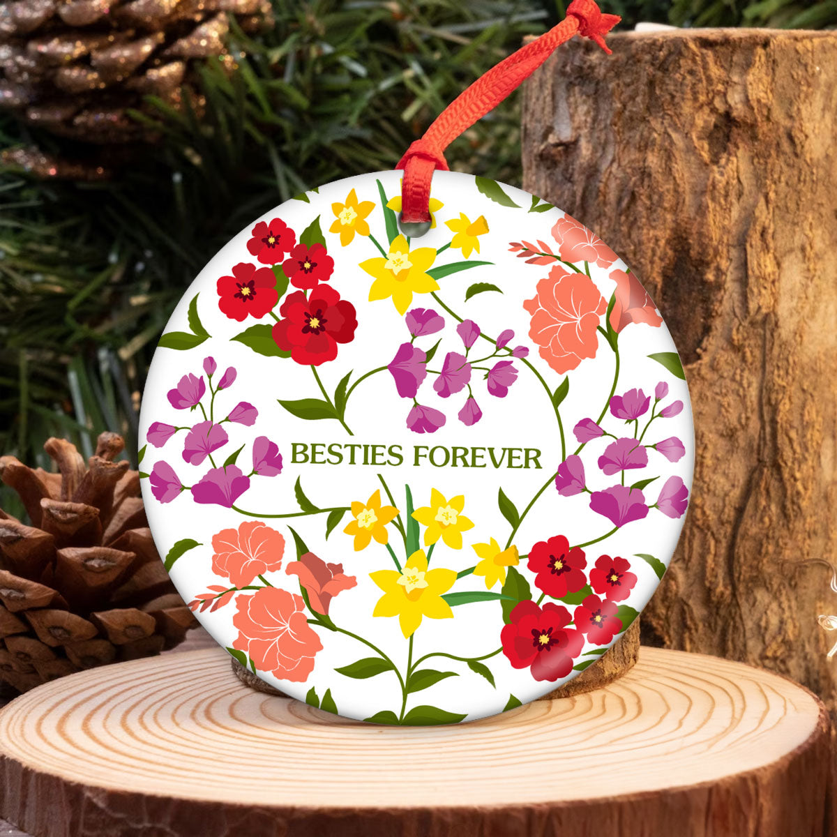 Custom Sisters Besties Birth Flower Bouquet Artwork Minimalist Personalized Circle Ceramic Ornament