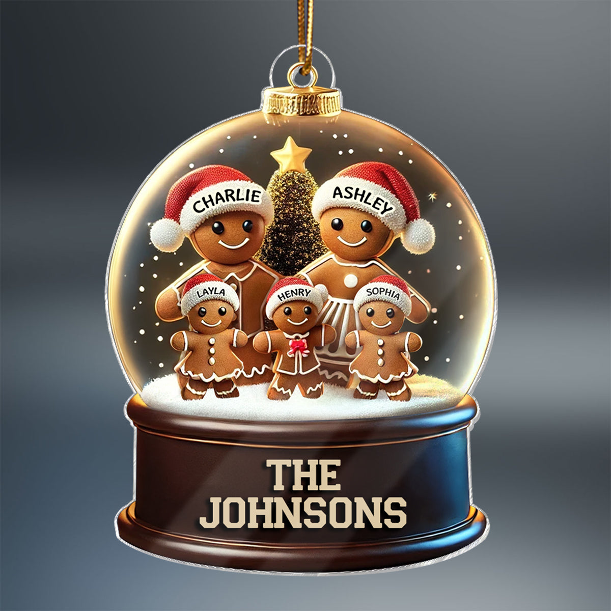 Gingerbread Family In Snow Globe 3D Effect Personalized Acrylic Ornament