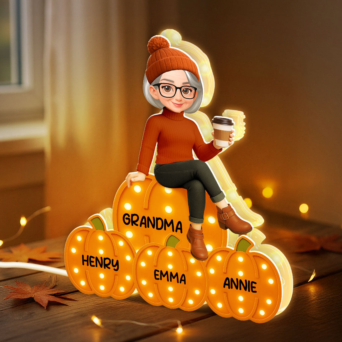 Grandma Mom Sitting On Pumpkins Marquee Pattern Effect Personalized LED Light Box, Cozy Fall Vibe Home Decoration