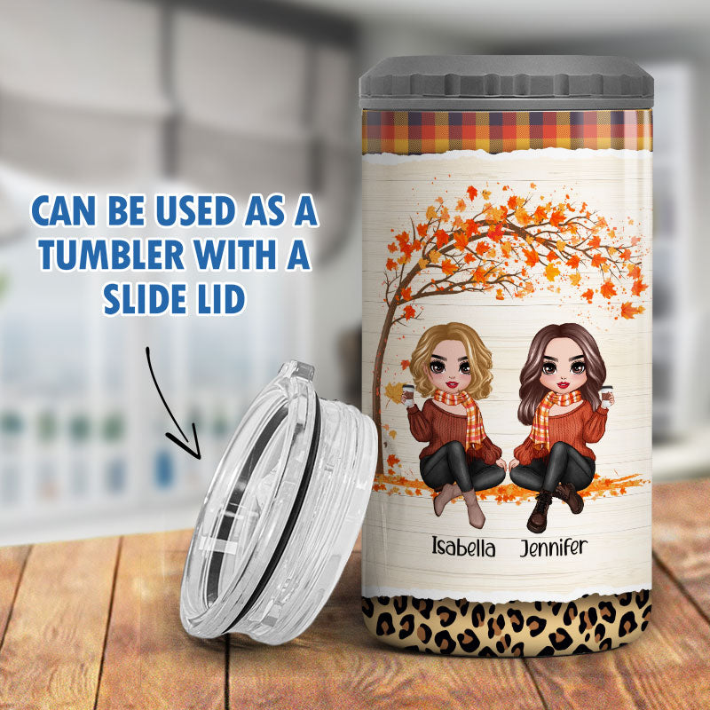Fall Season Doll Besties Sisters Sitting Personalized 4 In 1 Can Cooler