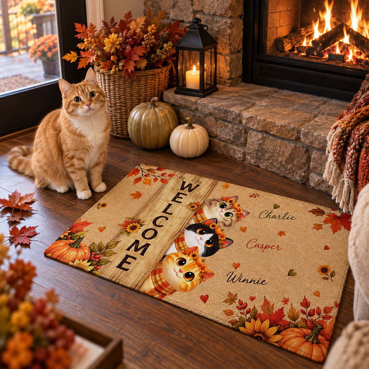 Cozy Fall Cat Welcome - Personalized Doormat - Fall Season Decoration