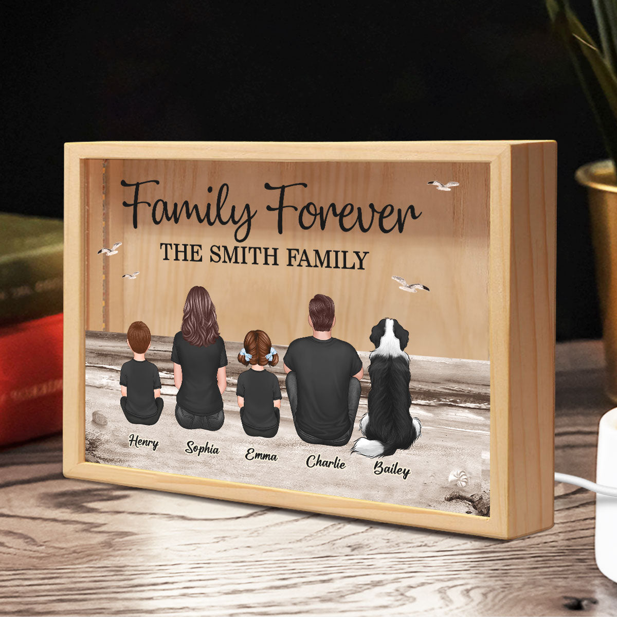 Retro Vintage Family Sitting Beach Landscape Personalized Wooden Frame Light Box