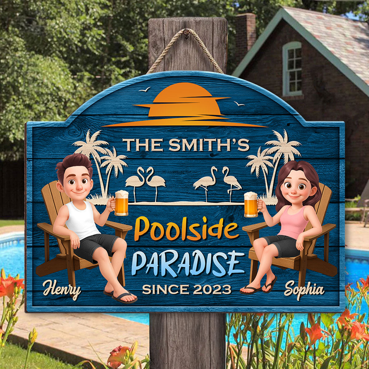 Cute Cartoon Couple Family Poolside Paradise Personalized Wood Sign