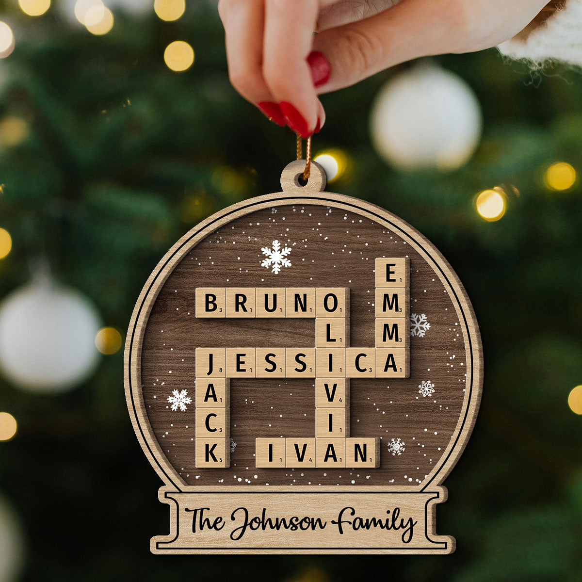 Family Names In Snow Globe Crossword Puzzle Art Personalized 2-Layer Wooden Ornament, Christmas Decor, Christmas Gift For Families