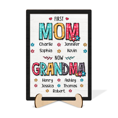 First Mom Now Grandma Floral Personalized 2-Layer Wooden Plaque