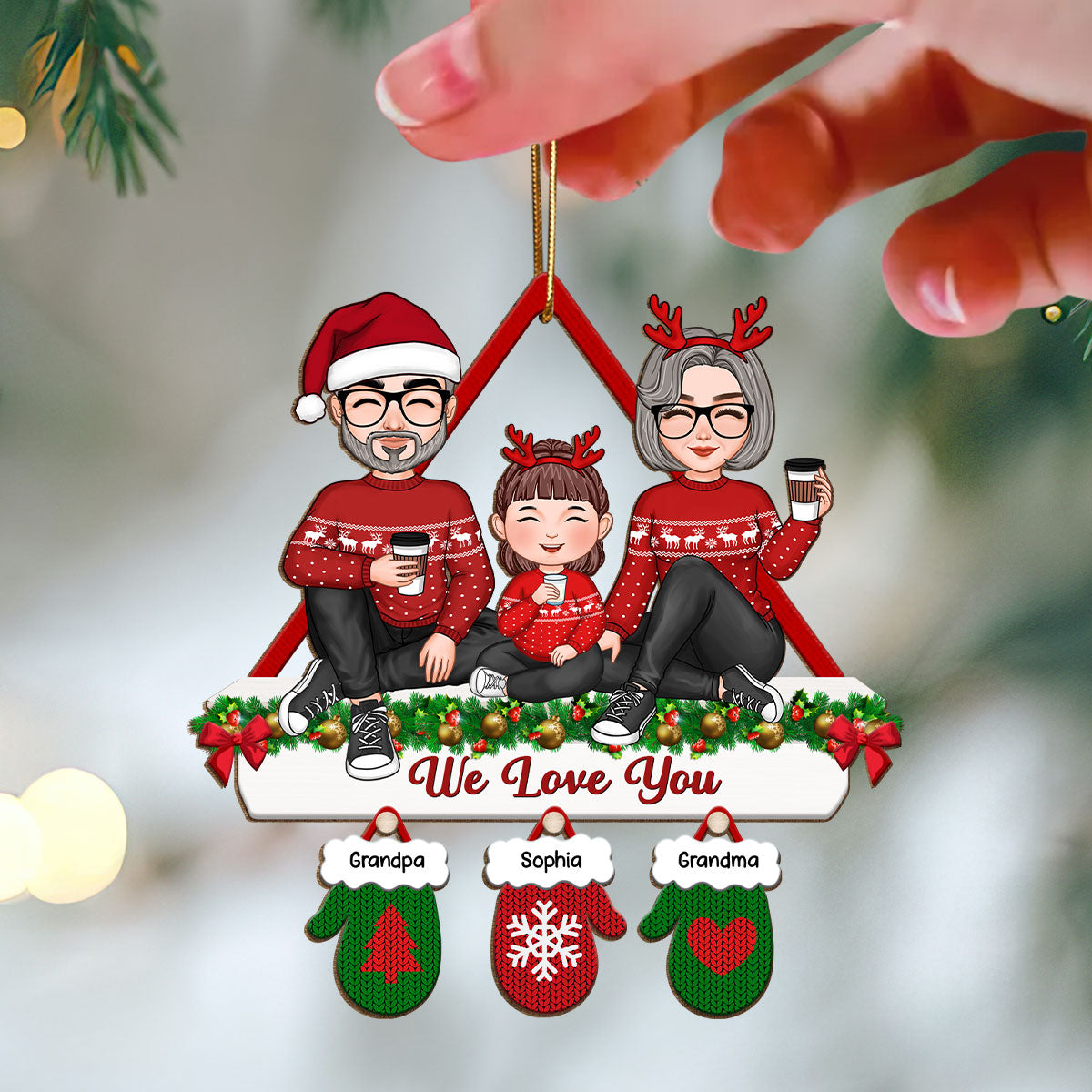 Cute Grandpa Grandma Grandparents & Kid Fireplace Mantel Gloves Christmas Gift For Grandchildren Personalized Wooden Ornament