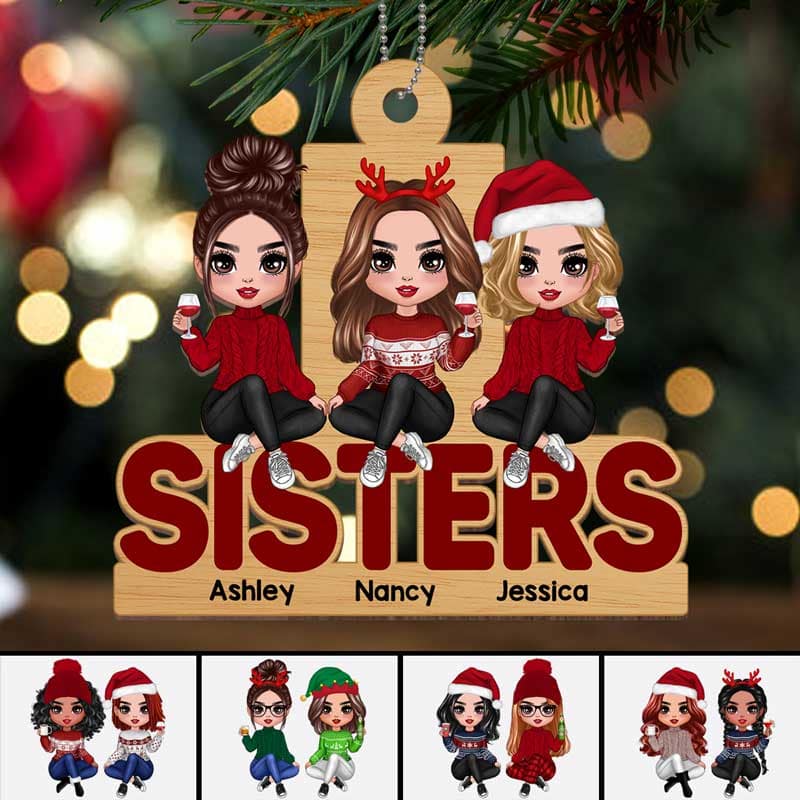 Doll Sisters Sitting On Word Personalized Wooden Ornament