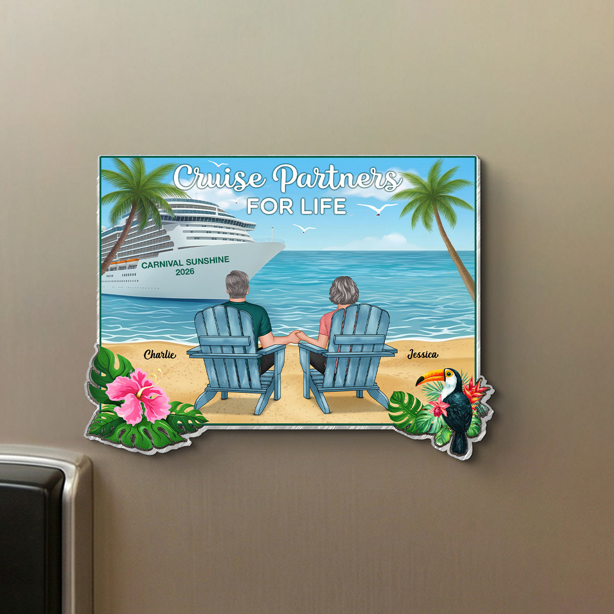 We're In Cruise Mode Back View Couple Sitting On The Beach - Personalized Cruise Ship Door Magnet