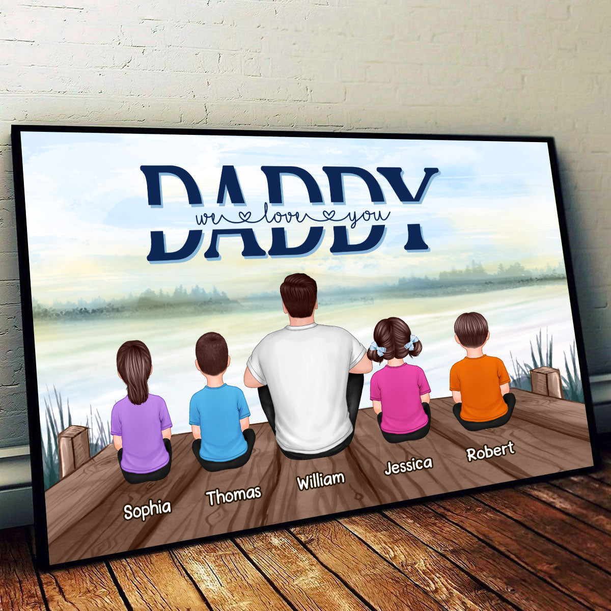 Dad And Kids Sitting Back View Lake Personalized Horizontal Poster