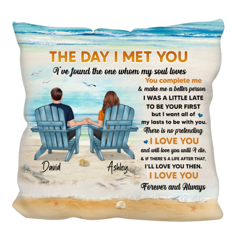 The Day I Met You Back View Couple Beach Landscape Personalized Pillow