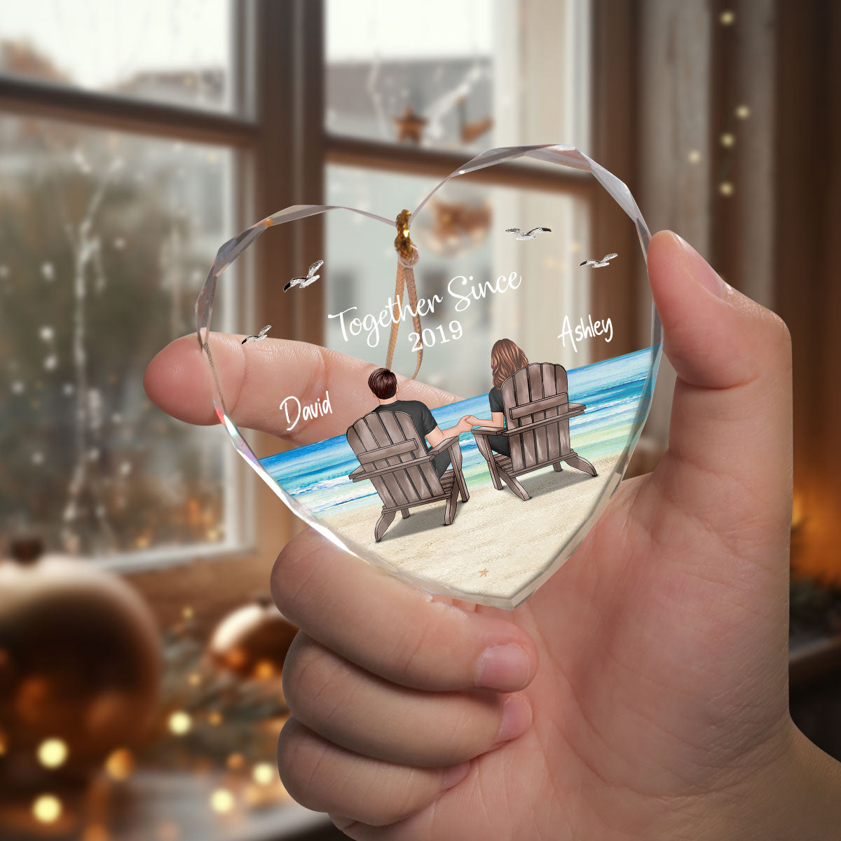 Couple Sitting Eternal Sunset Beach Personalized Heart Glass Ornament, Heartfelt Christmas Gift For Girlfriend, For Wife