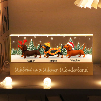 Christmas Dachshunds Walking In A Wiener Wonderland - Personalized Acrylic Block Plaque LED Night Light