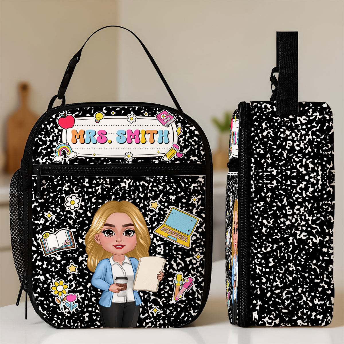Teacher Composition Book Pattern Personalized Insulated Lunch Bag, Back To School Gift For Teacher