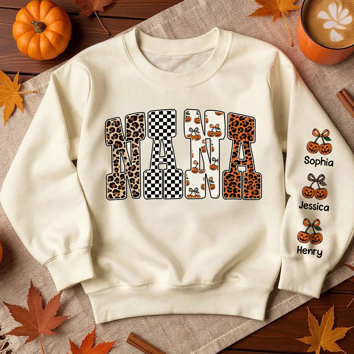 Trendy Fall Mama Personalized Sweatshirt – Leopard, Pumpkin & Checkerboard Fall Halloween Sweatshirt