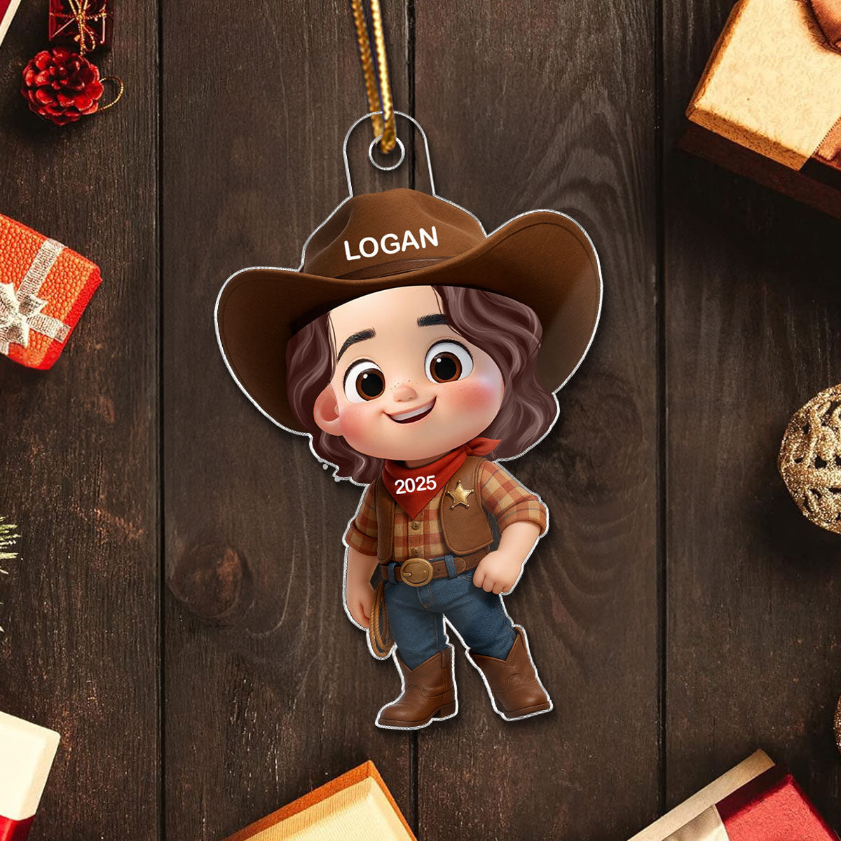 3D Effect Little Cowboy Christmas Personalized Acrylic Ornament